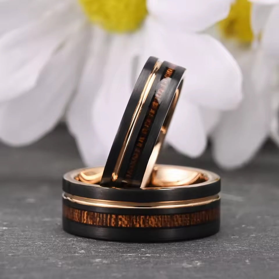 Wide Tungsten Steel Flat Sand Surface Two-color Black And Rose Ring